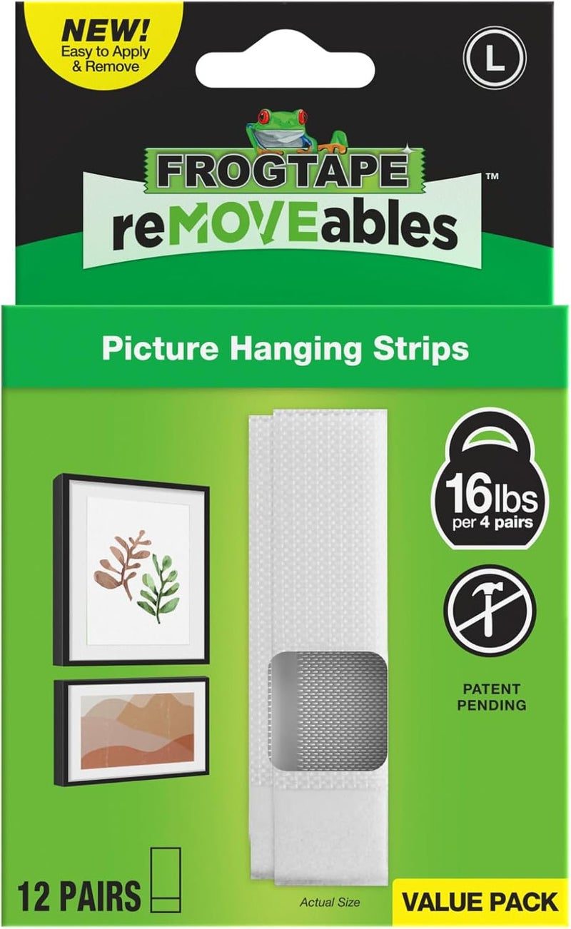 FrogTape reMOVEables Large Picture Hanging Strips, Damage-Free Removable Adhesive Wall Strips, Picture Hangers, Stick On Wall Mounting for Frames, Canvas, Home Décor, White, 12 Pairs (24 Pieces) - Image 1